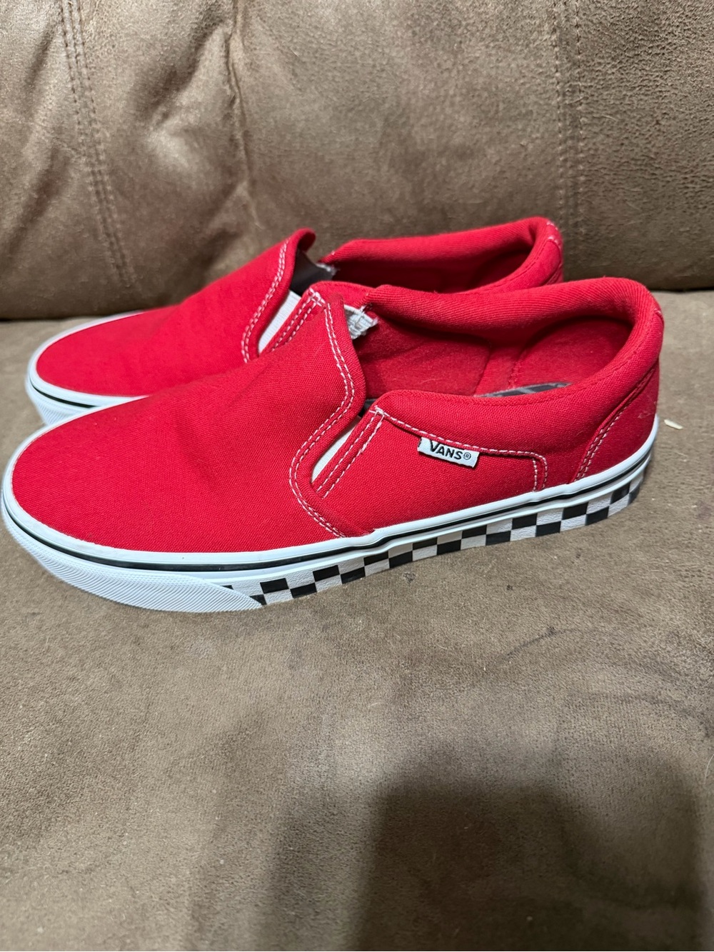 Vans Mens Slip-On Shoes in Red with Checkerboard Trim